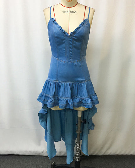 Women's Bohemian Dress, Sleeveless Spaghetti Strap Bodycon Mini Dress With Irregular Ruffled Hem For Music Festival & Rock Party, NO Belt