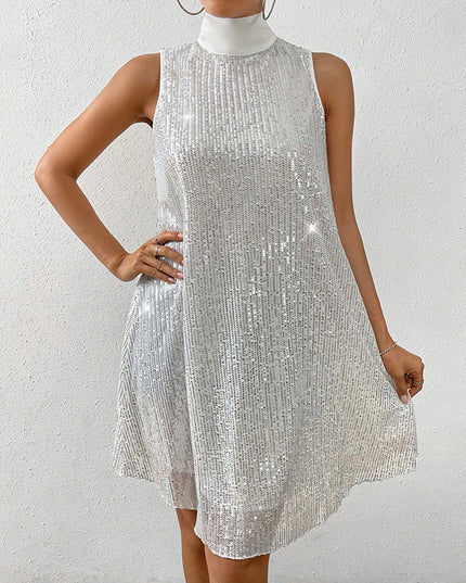Women's Sparkly Sequin Sleeveless Mock Neck Dress Glittery Evening Party Dress