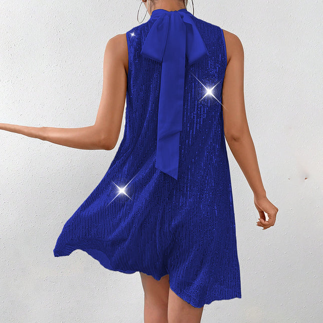 Women's Sparkly Sequin Sleeveless Mock Neck Dress Glittery Evening Party Dress