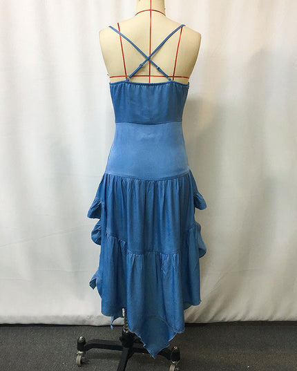 Women's Bohemian Dress, Sleeveless Spaghetti Strap Bodycon Mini Dress With Irregular Ruffled Hem For Music Festival & Rock Party, NO Belt