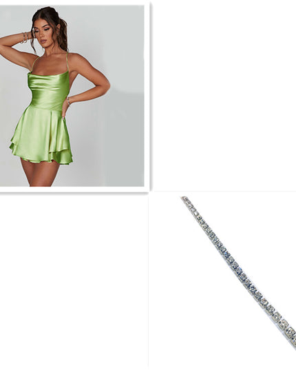 Sexy Suspender Skirt For Women Elegant Slim Strap Satin Backless Lace Up A-Line Short Dress Lady