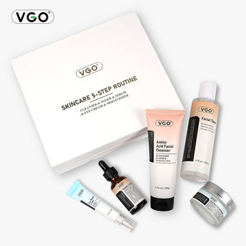 VGO skincare 5-step routine featuring cleanser, toner, serum, eye cream, and moisturizer products.