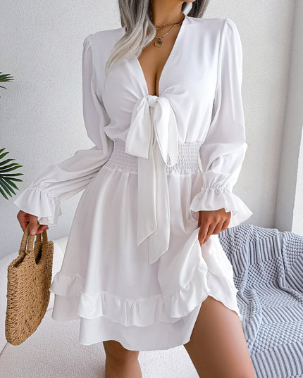 Summer Dresses Solid Color V-neck Long Sleeve Dress For Women Sexy V-neck Lace Up A-line Dress Women's Beach Dress
