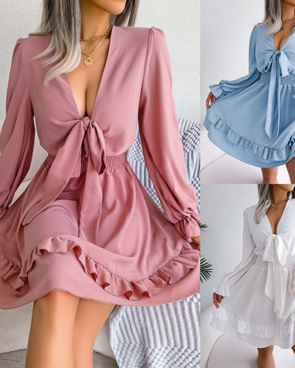 Summer Dresses Solid Color V-neck Long Sleeve Dress For Women Sexy V-neck Lace Up A-line Dress Women's Beach Dress