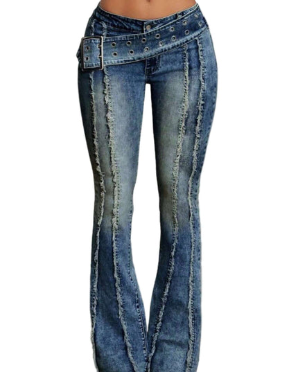Flared jeans with decorative elements on a plain background