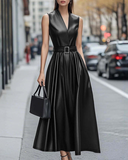 Fashionable Temperamental All-match Round Neck Sleeveless Belt Long Dress