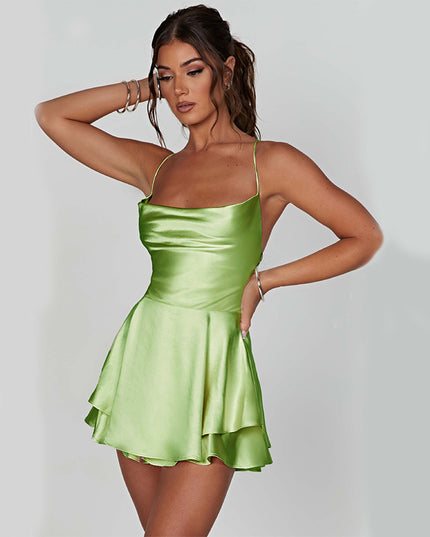 Sexy Suspender Skirt For Women Elegant Slim Strap Satin Backless Lace Up A-Line Short Dress Lady