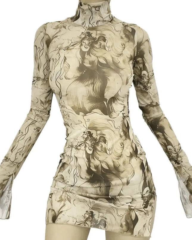 Y2K Mesh Bodycon Dress – Bell Sleeves, Open Hip Design (Copy)