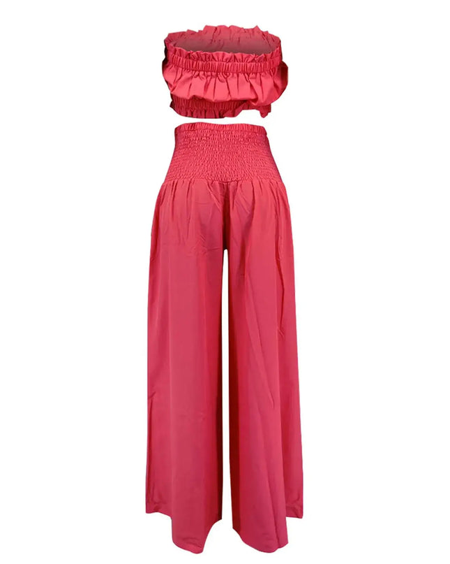 Stylish women's solid two-piece outfits featuring a strapless top and wide-leg pants in vibrant pink color.