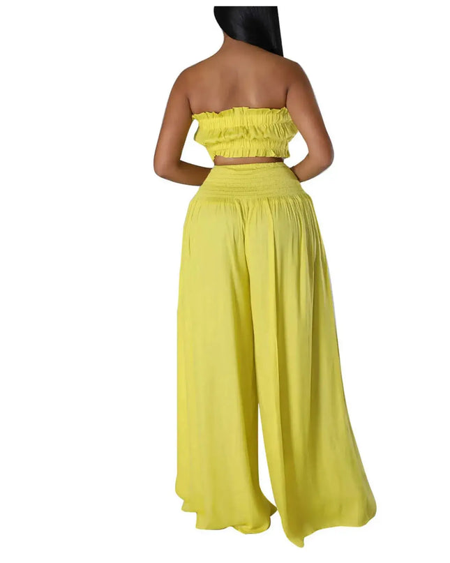 Women'S Solid 2 Piece Outfits Stylish Casual Solid Color Strapless Pantsuit Fashion.