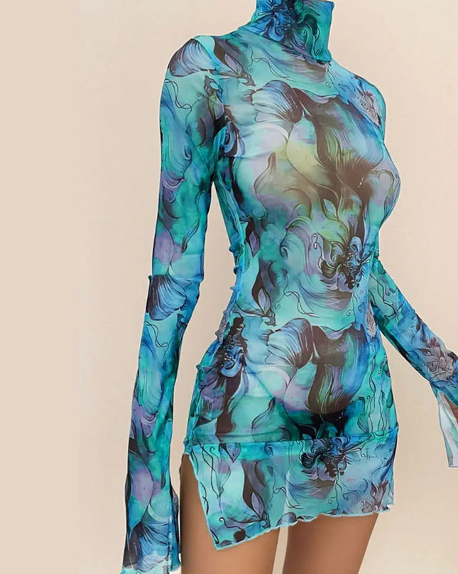 Y2K mesh bodycon dress in vibrant blue and green print with bell sleeves and open hip design, perfect for parties.