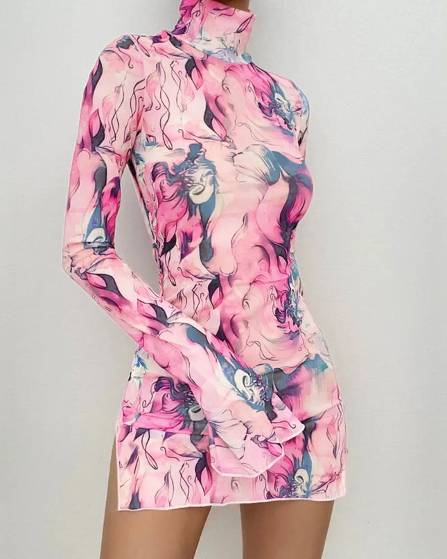 Y2K mesh bodycon dress in vibrant pink print with bell sleeves and a stylish open-hip design, perfect for parties.