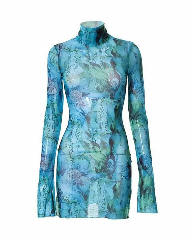 Y2K Mesh Bodycon Dress – Bell Sleeves, Open Hip Design (Copy)