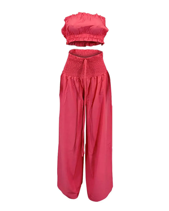 Women'S Solid 2 Piece Outfits Stylish Casual Solid Color Strapless Pantsuit Fashion.