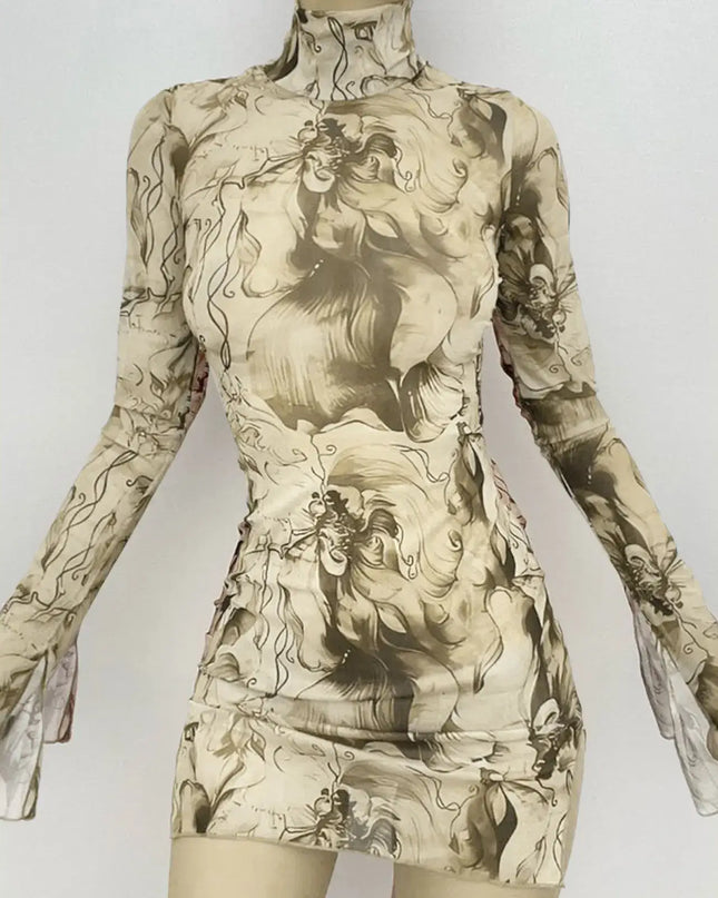 Y2K Mesh Bodycon Dress – Bell Sleeves, Open Hip Design (Copy)