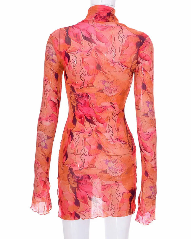 Back view of a Y2K mesh bodycon dress in vibrant pink hues, featuring long bell sleeves and a stylish design.