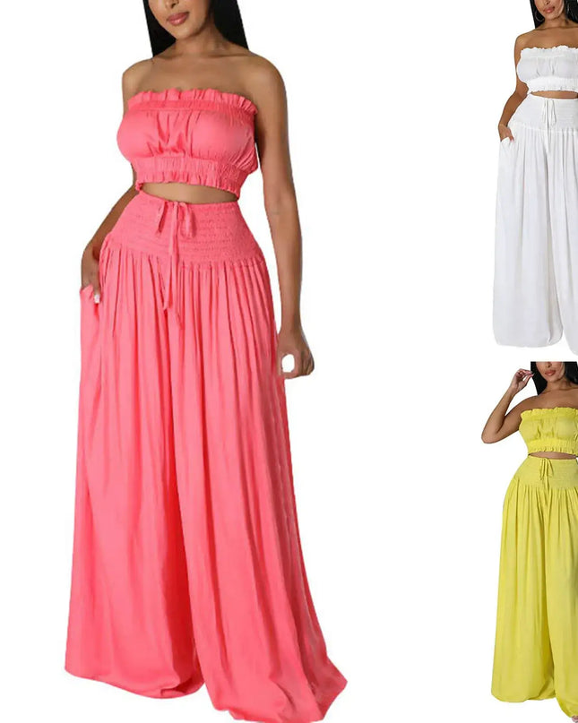 Women’s stylish solid color strapless two-piece outfits in pink, white, and yellow with wide-leg pants.