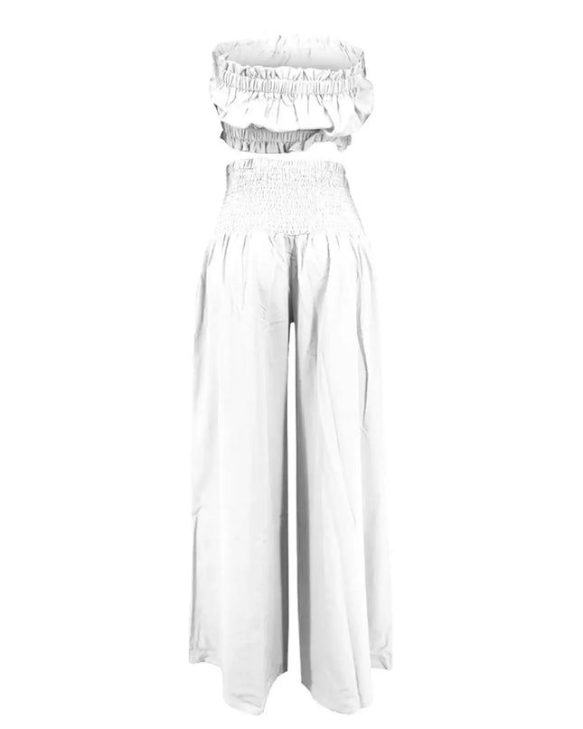 Women'S Solid 2 Piece Outfits Stylish Casual Solid Color Strapless Pantsuit Fashion.