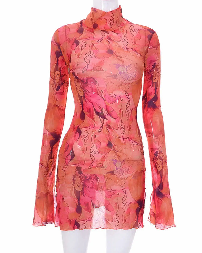 Y2K mesh bodycon dress with bell sleeves and open-hip design in vibrant pink print.