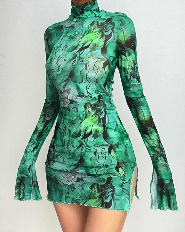 Y2K mesh bodycon dress in green with bell sleeves and open hip detail, perfect for parties and street fashion.