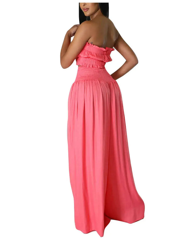 Women'S Solid 2 Piece Outfits Stylish Casual Solid Color Strapless Pantsuit Fashion.