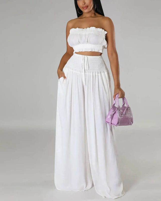 Women'S Solid 2 Piece Outfits Stylish Casual Solid Color Strapless Pantsuit Fashion.