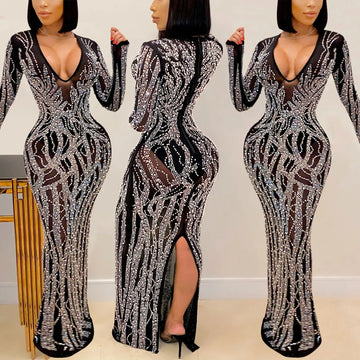Sheer Rhinestone Mesh Maxi Dress – Sexy V-Neck, Long Sleeve, Slit Gown