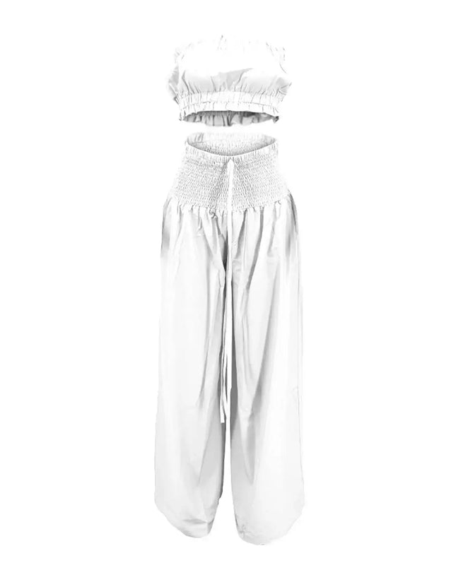 Stylish women's solid white 2 piece outfit featuring a strapless top and wide-leg pants, perfect for casual wear.