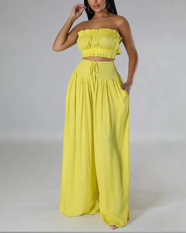 Women'S Solid 2 Piece Outfits Stylish Casual Solid Color Strapless Pantsuit Fashion.