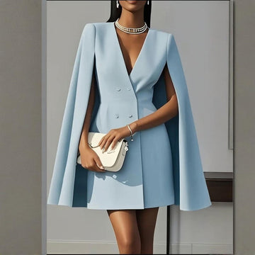 Women's Elegant Solid Color V Neck Double-Breasted Cape Blazer Dress Spring & Summer Party