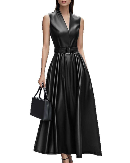 Fashionable Temperamental All-match Round Neck Sleeveless Belt Long Dress
