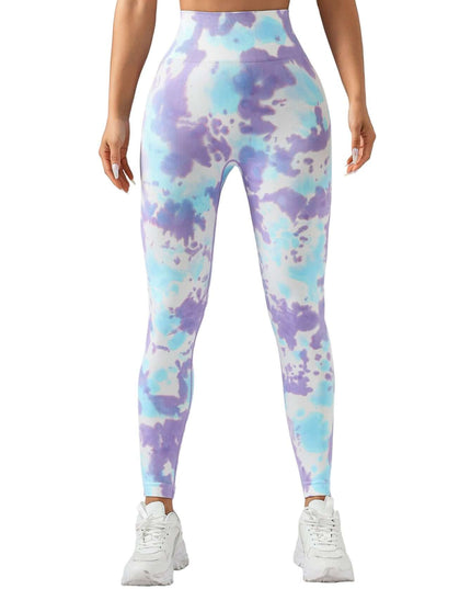 Multicolored tie-dye leggings worn by a person on a plain background