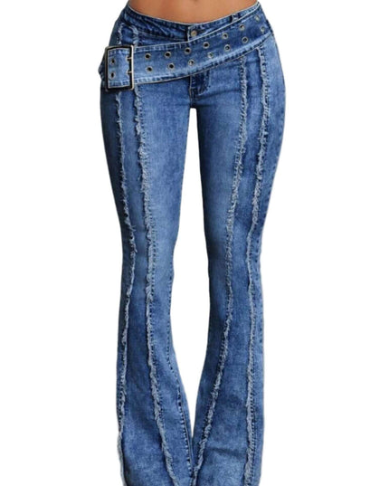 Blue jeans with decorative belt and stitching on a plain background