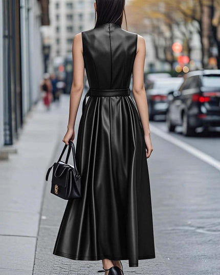 Fashionable Temperamental All-match Round Neck Sleeveless Belt Long Dress