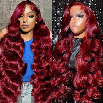 Stylish human hair wigs in vibrant red with soft, luscious waves, perfect for any occasion.