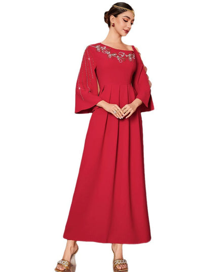 Red Designer Model Heavy Industry Hand Sewing Drill Off-the-shoulder Dress