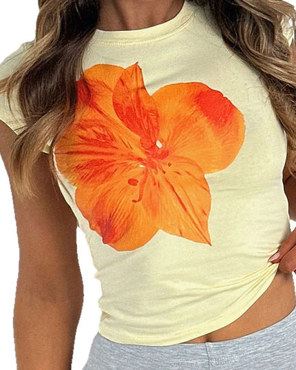 Polyester Women's Casual Slim-fit Waist Flower Printed Short-sleeved T-shirt