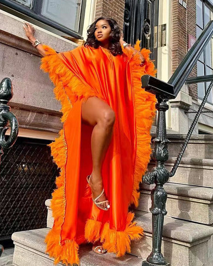 African Women's Loose Dress Luxury Fully Surrounded Light Feather Batwing Sleeve High Slit Robe