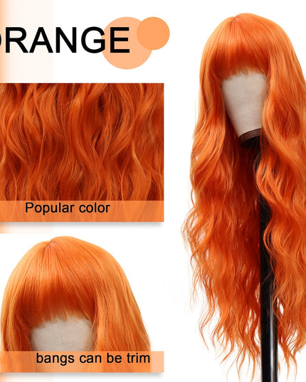 Elegant Long Orange Non-toxic Wig, Synthetic Wavy Hair Wig For Ladies, 28-inch Long Hair, Suitable For The Whole Scene