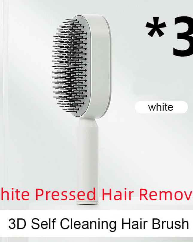 White hair removal brush with text indicating '3D Self Cleaning Hair Brush' on a light gray background.