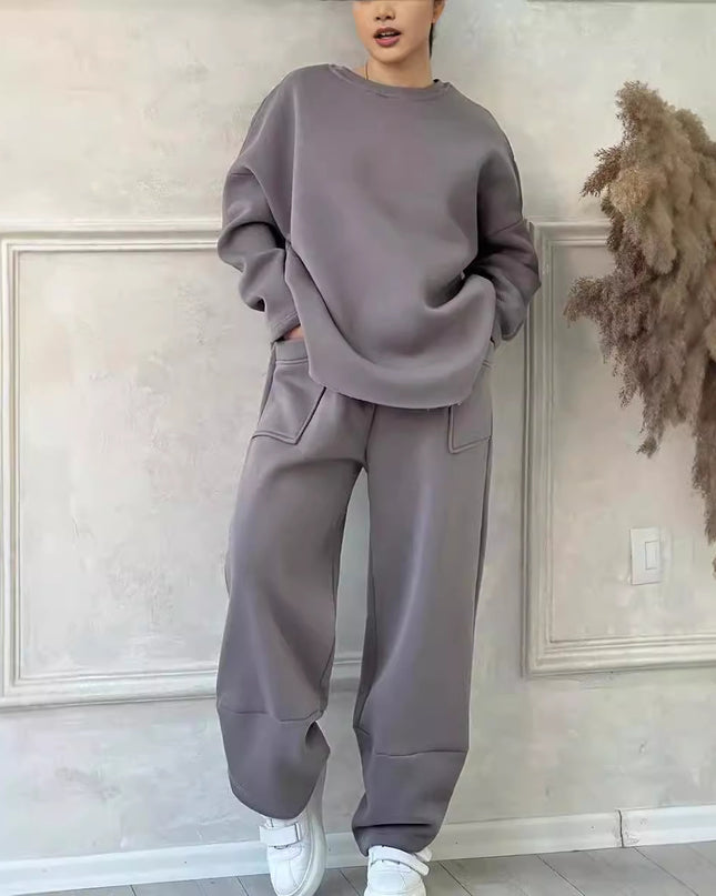 women's autumn winter sweater trousers set in gray, featuring a casual loose round neck and practical pockets