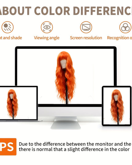 Elegant Long Orange Non-toxic Wig, Synthetic Wavy Hair Wig For Ladies, 28-inch Long Hair, Suitable For The Whole Scene