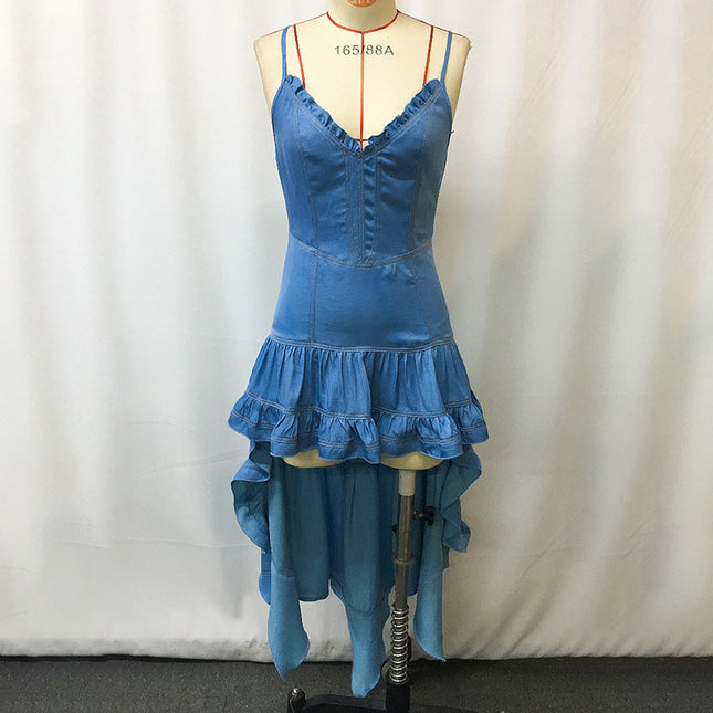 Women's Bohemian Dress, Sleeveless Spaghetti Strap Bodycon Mini Dress With Irregular Ruffled Hem For Music Festival & Rock Party, NO Belt