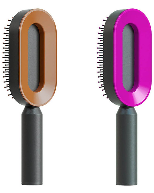 Two grooming brushes with brown and pink circular bristle areas on a white background