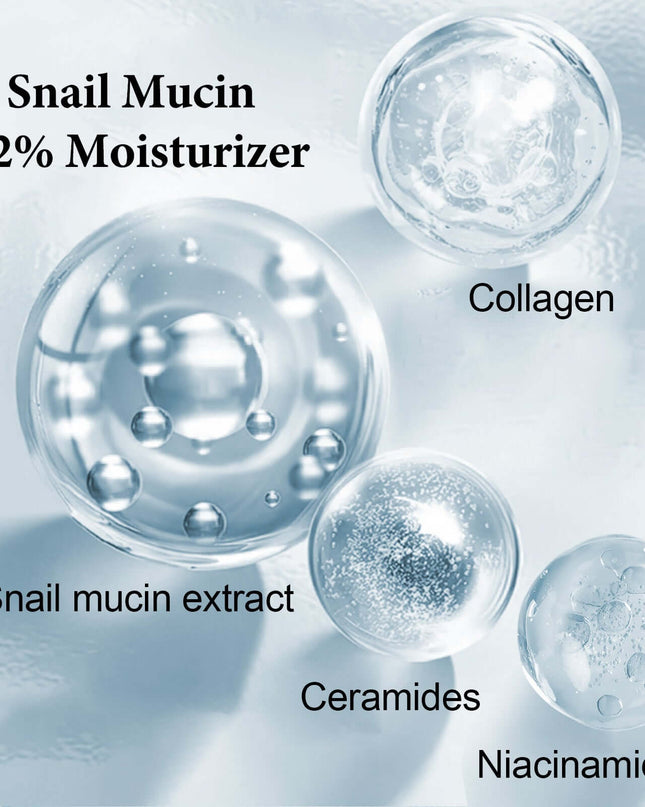 Snail Mucin 92% Moisturizer highlighting key ingredients: snail mucin extract, collagen, ceramides, and niacinamide.