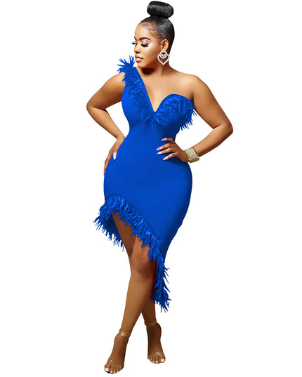 V-neck Sleeveless Chest Feather Irregular Midi Dress