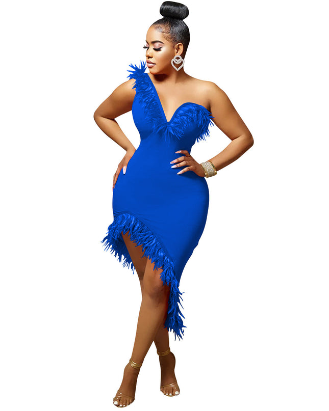 V-neck Sleeveless Chest Feather Irregular Midi Dress