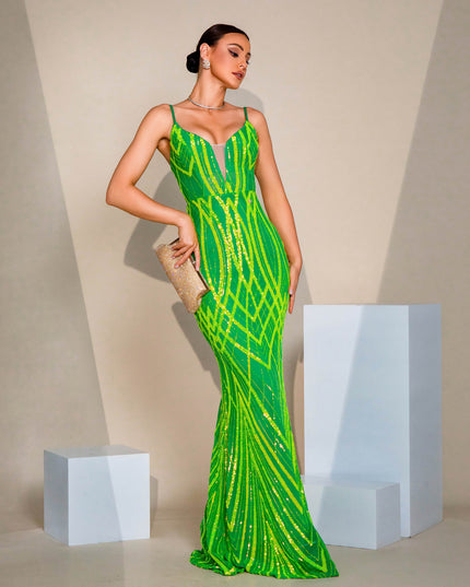 V-neck Strap Sequined Fishtail Evening Dress