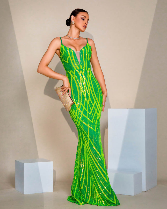 V-neck Strap Sequined Fishtail Evening Dress