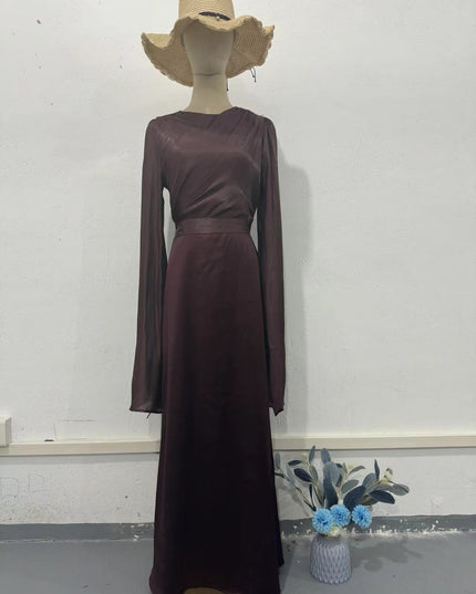 Elegant Summer Sleeve Contrast Chiffon & Satin Maxi Dress With Flared Cuffs - Slim Fit Long Dress For Women